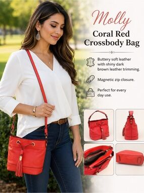 Red Coral Leather Crossbody Bag - Mother’s Day Gift